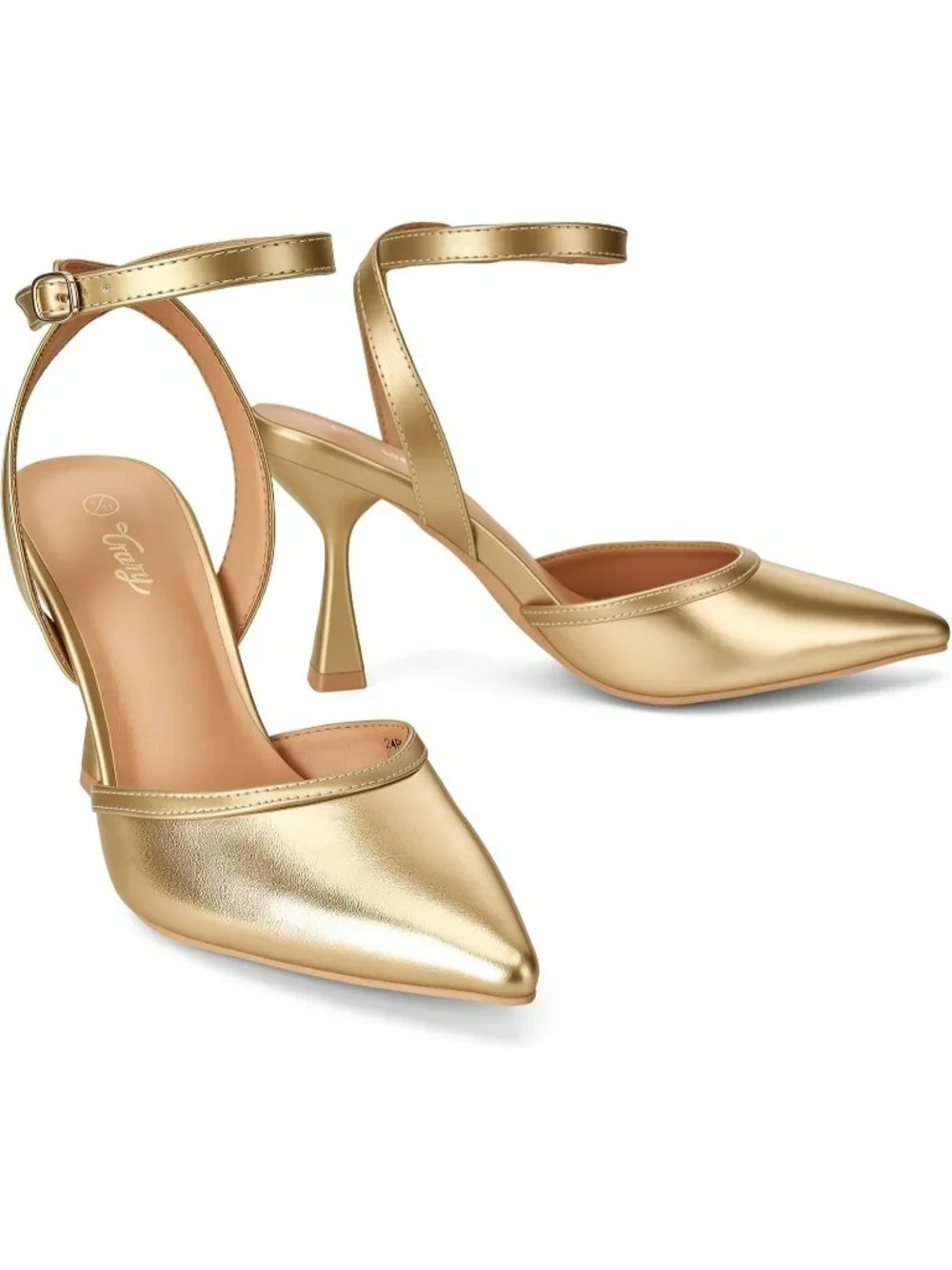 Women's Gold Pu Slingback Pointed Toe Stiletto Heels Ankle Strap Dress Shoes